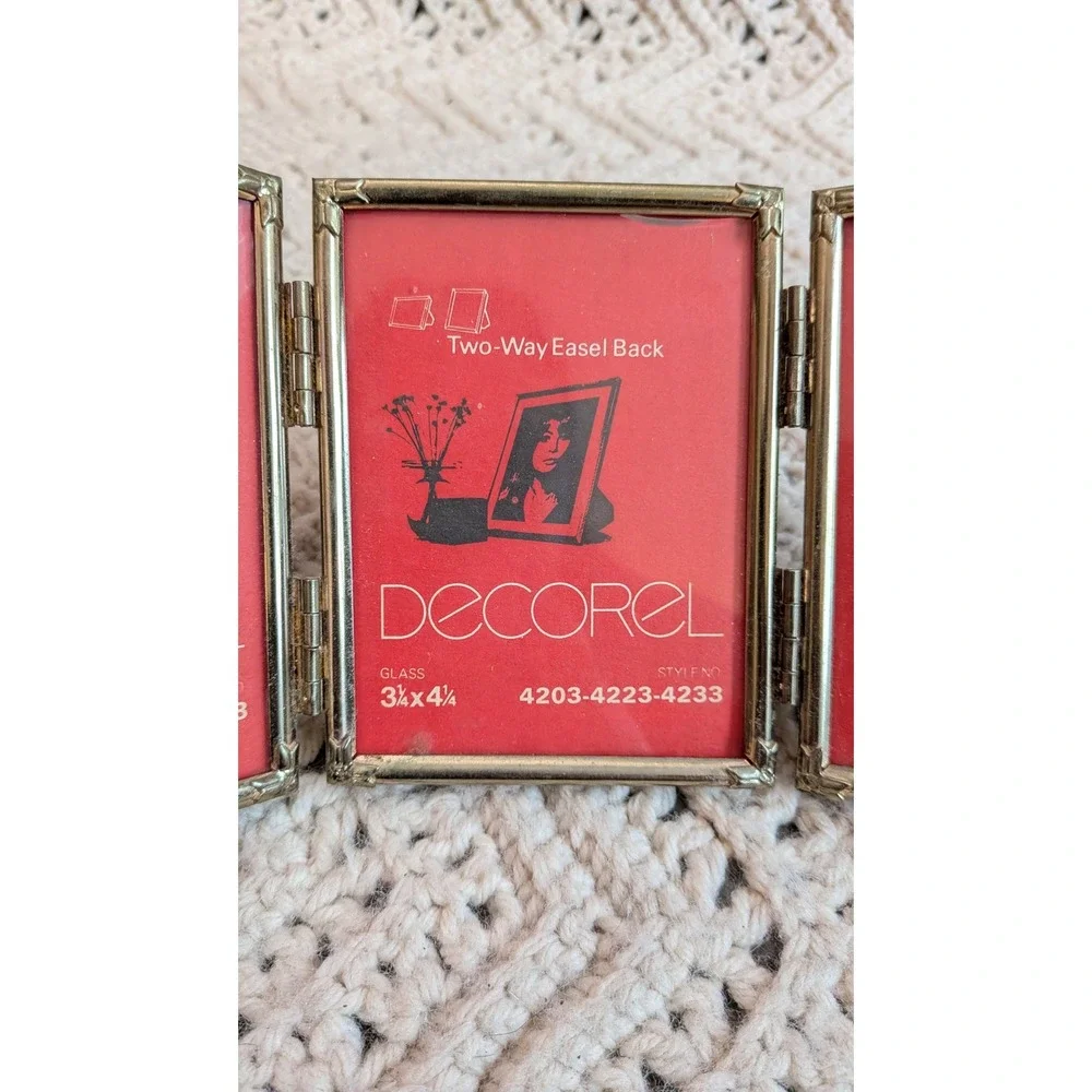 Decorel Vintage Brass Triple Folding Picture Frame 3.25x4.25 Triptych 4203-4223
